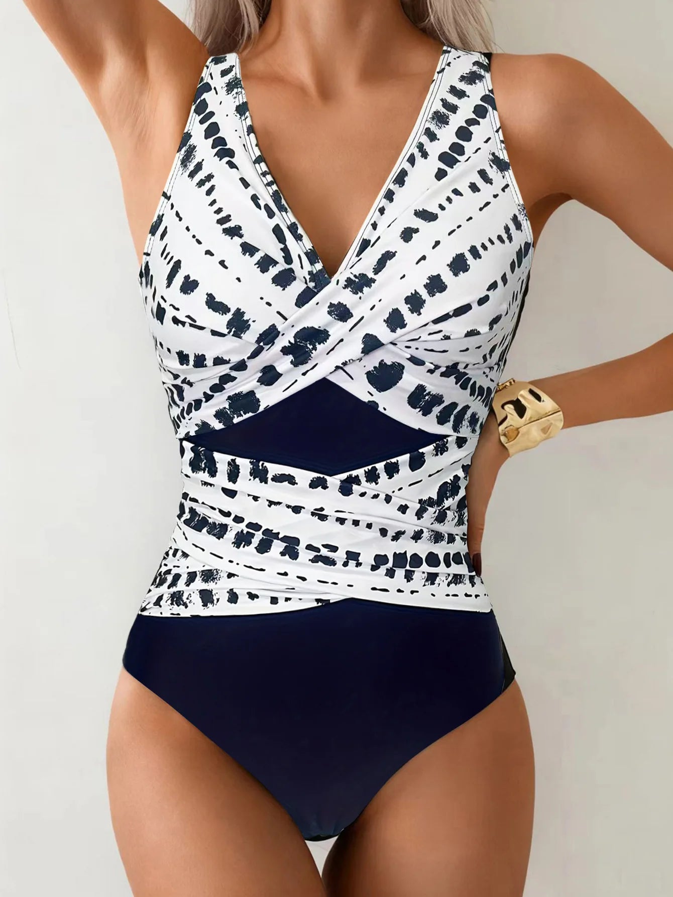 Patchwork Deep V Cross‑Front One‑Piece Swimsuit for Women