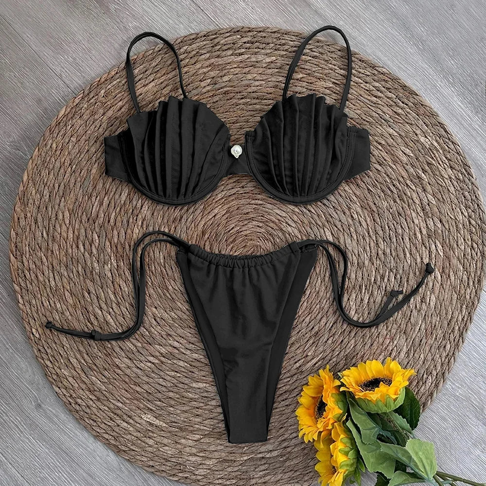 Sexy Shell Micro Bikini Set with Brazilian Thong Bottoms-Black