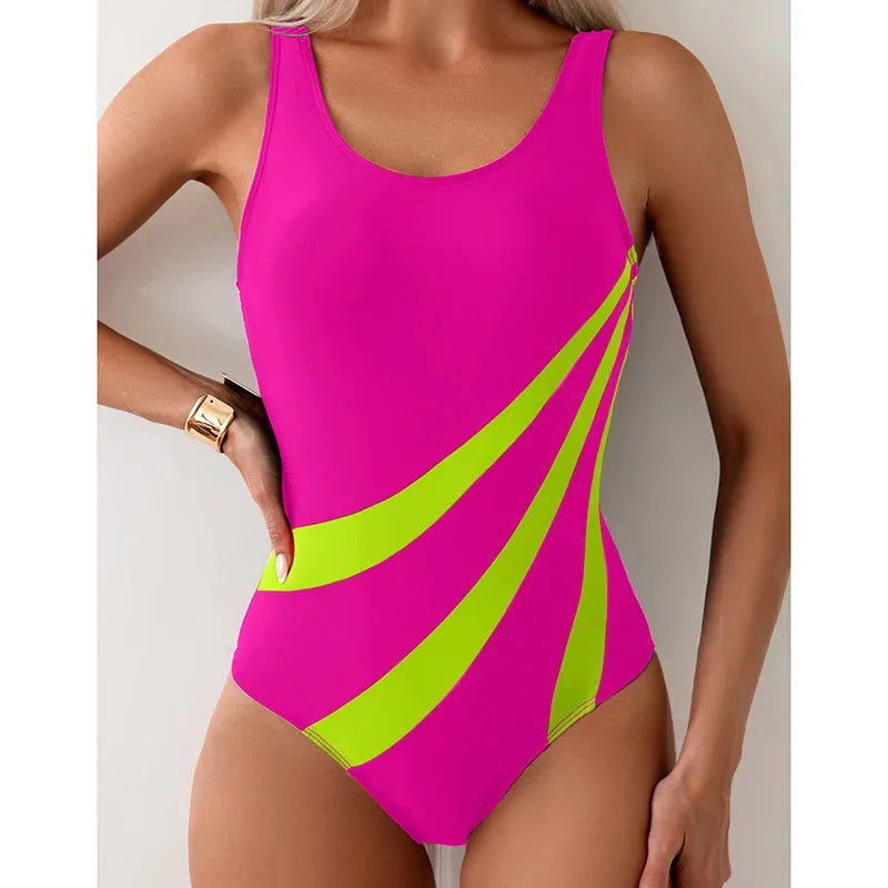 Contrast color push-up one-piece swimsuit, hot-pink base with lime-green diagonal stripes