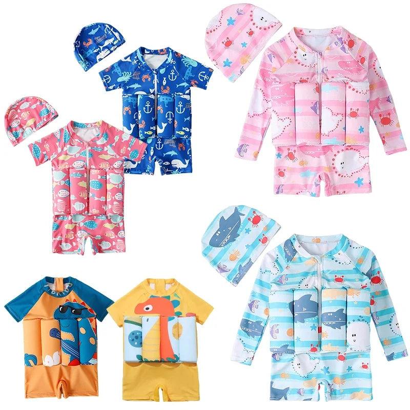 Kids cartoon buoyancy one piece swimsuits in vibrant colors with playful ocean prints and matching hats for swimming training