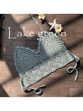 Lake Green crochet bikini top with hollow-out knit triangle cups and tie back straps
