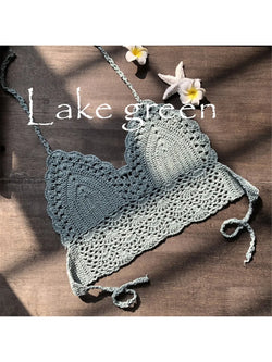 Lake Green crochet bikini top with hollow-out knit triangle cups and tie back straps