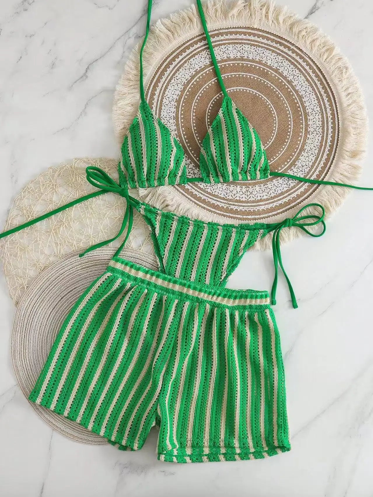 Three‑Piece Mesh Bikini Set – Lace‑Up Neck & Boxer Shorts - Green2