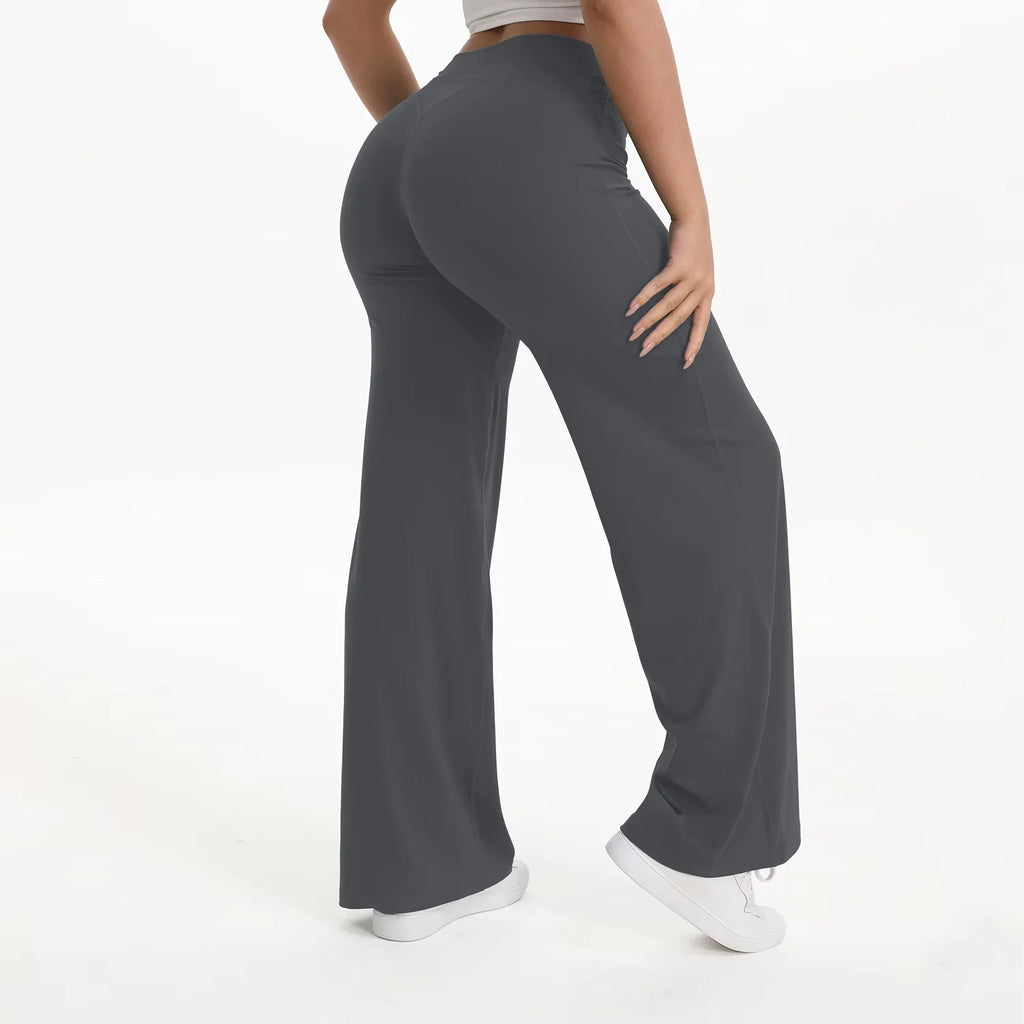 dark gray straight leg yoga pants on model back view