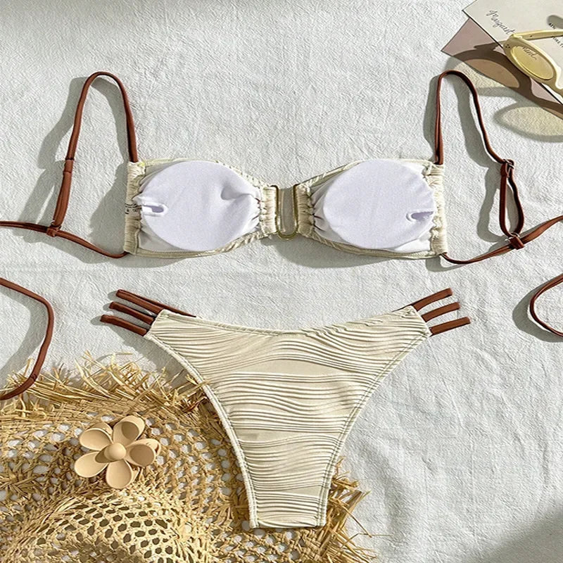 Sexy Push‑Up Brazilian Bikini Set with Low‑Waist Bottoms-Khaki1
