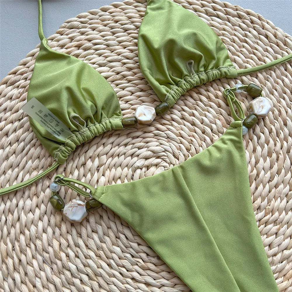 Solid Green Halter Bead‑String Micro Brazilian Bikini