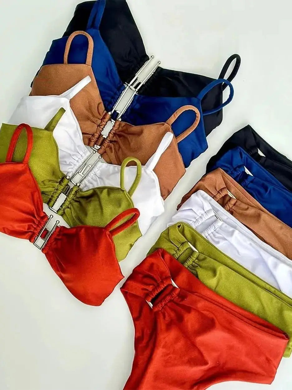 Group of ruched bandeau push up bikini sets in solid colors