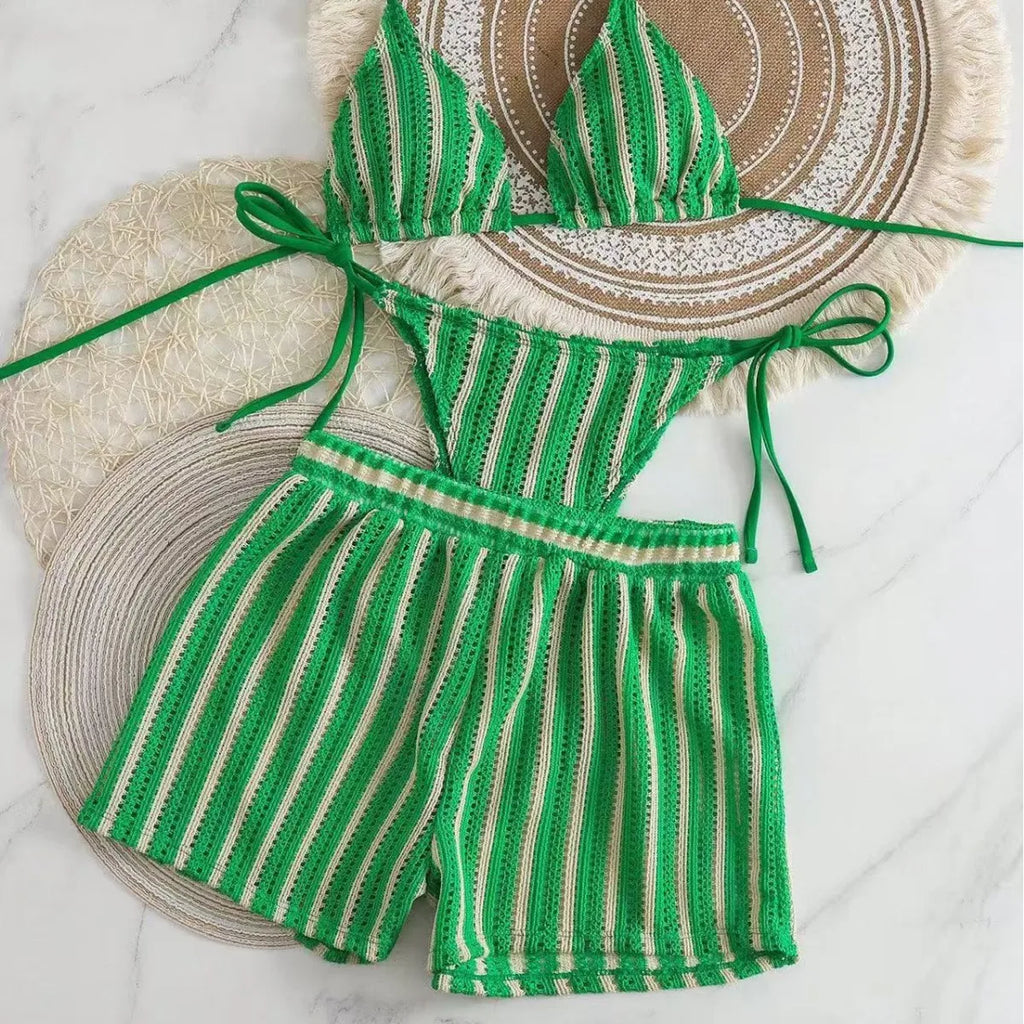 Three‑Piece Mesh Bikini Set – Lace‑Up Neck & Boxer Shorts - Green