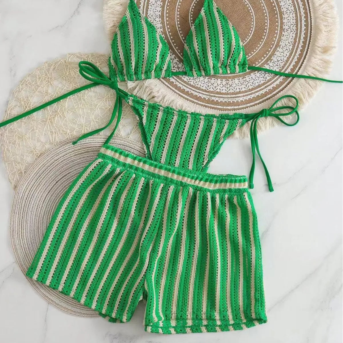 Three‑Piece Mesh Bikini Set – Lace‑Up Neck & Boxer Shorts - Green