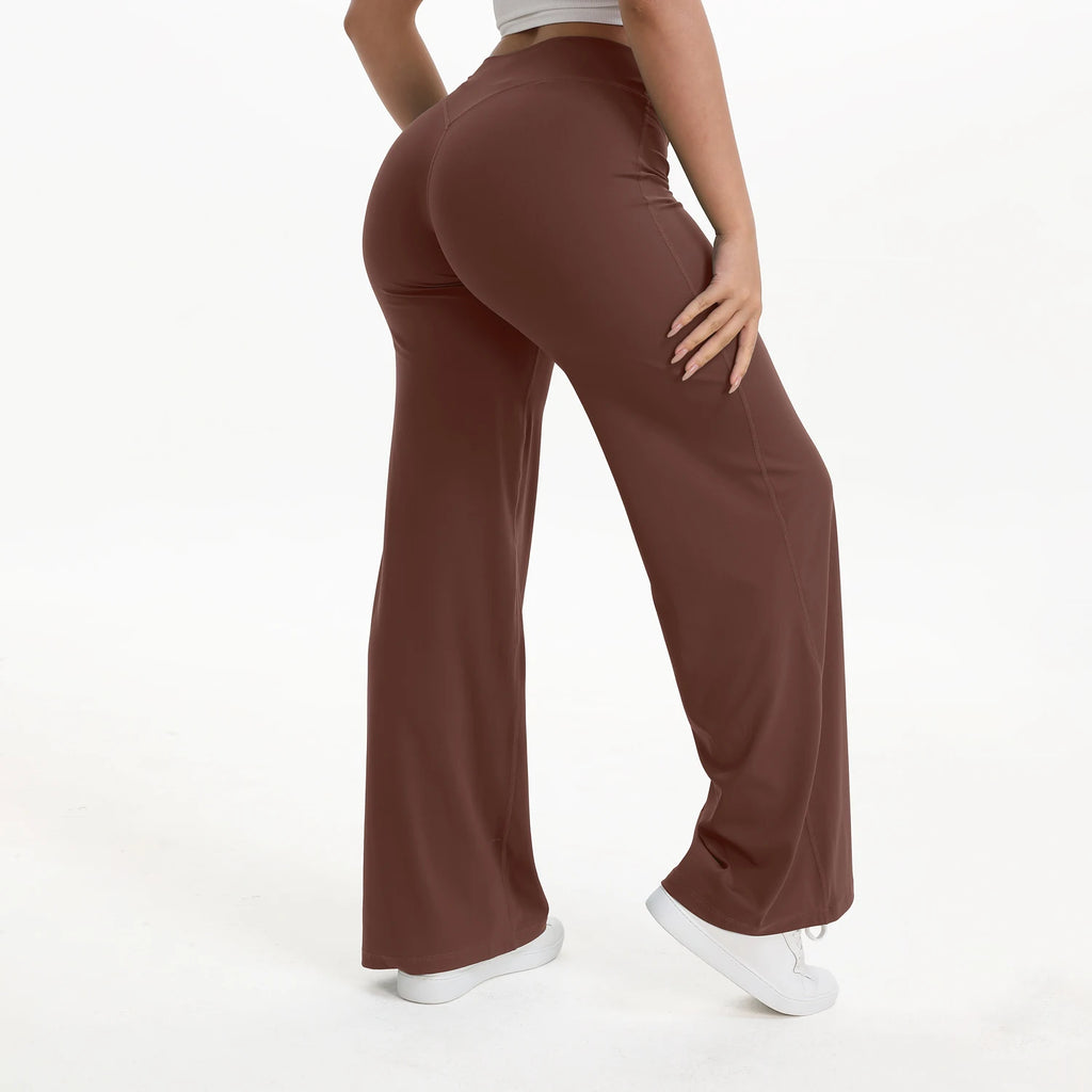 coffee brown mid waist straight leg yoga pants on model