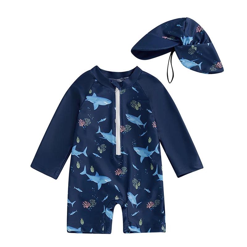 Toddler Boys Long‑Sleeve Rash Guard Swimsuit with Sun Hat
