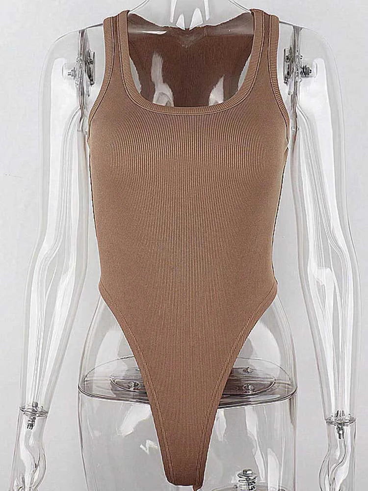 Khaki ribbed knit bodysuit on clear mannequin, full front view with high cut legs