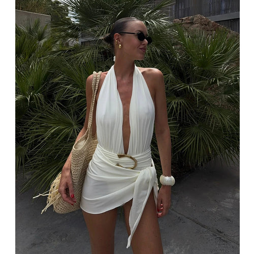 Halter Deep‑V One‑Piece Swimsuit with Sarong Mini Skirt - White1