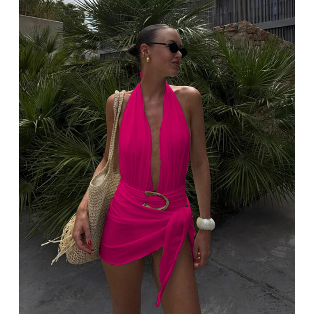 Halter Deep‑V One‑Piece Swimsuit with Sarong Mini Skirt - Pink