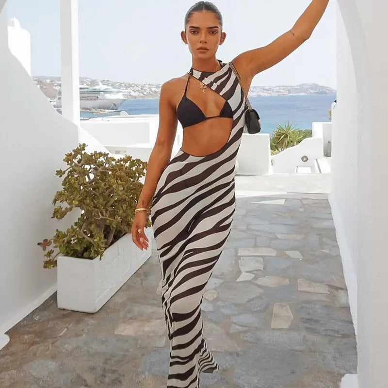 Sexy Zebra Print Long Beach Dress Cover-Ups