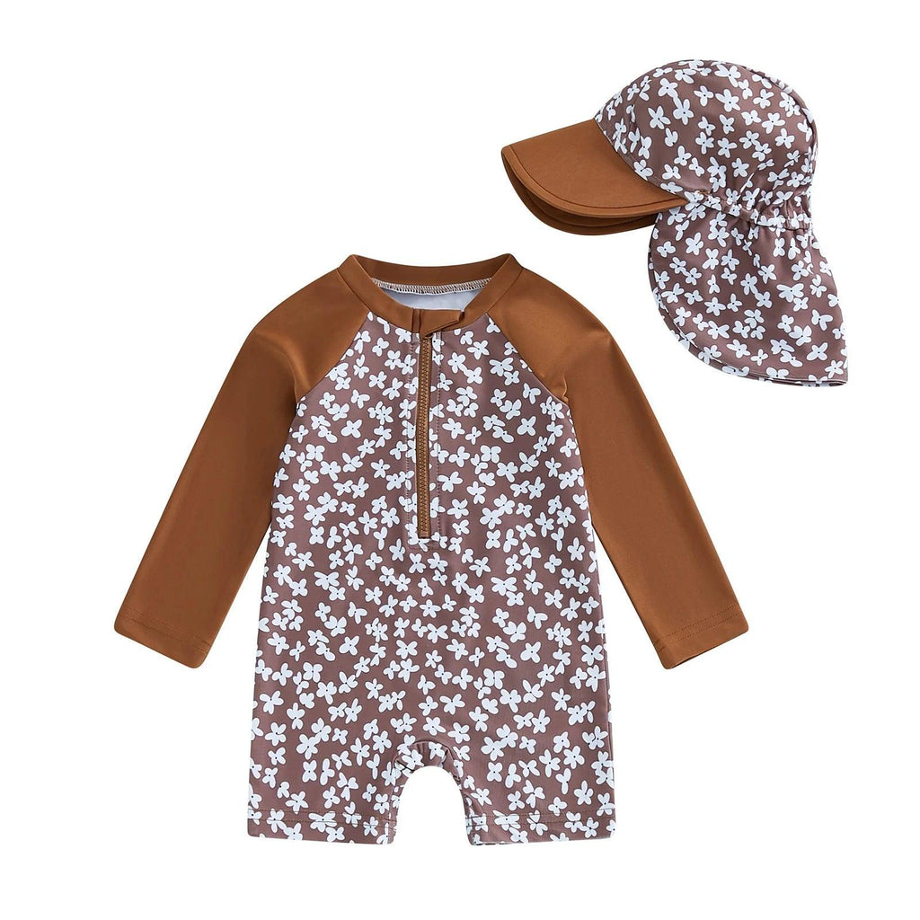 Toddler girls long-sleeve brown and white floral print swim suit with matching sun hat for sun protection