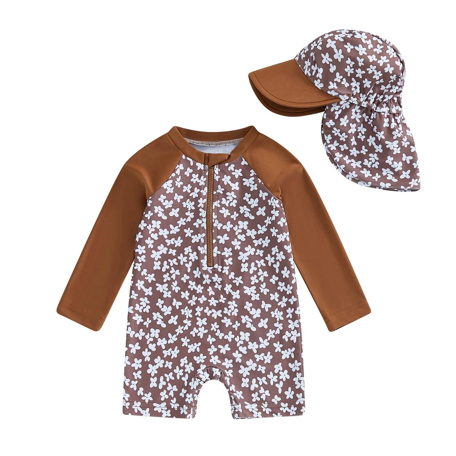 Toddler girls long-sleeve brown and white floral print swim suit with matching sun hat for sun protection