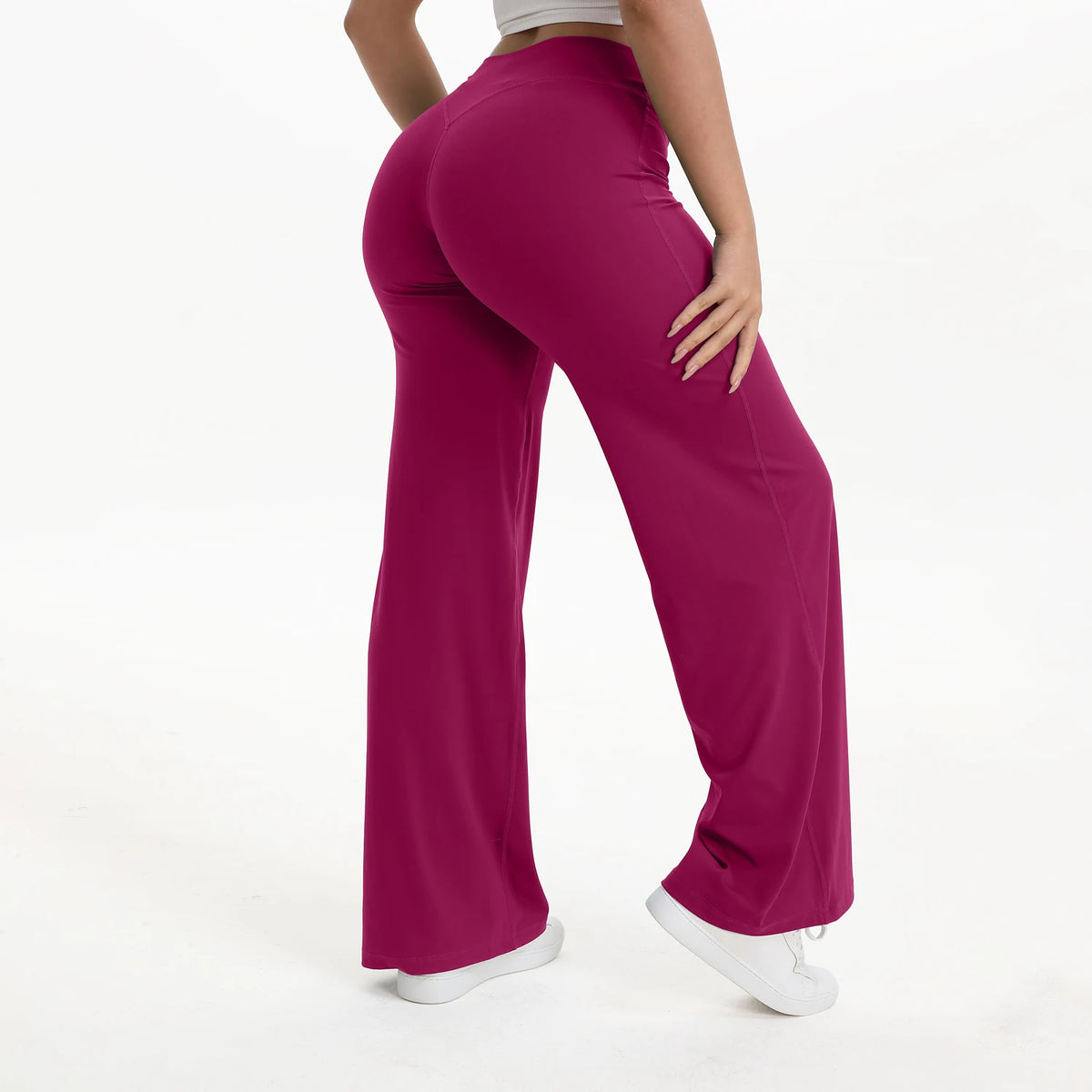 wild berry red mid waist straight leg yoga pants on model