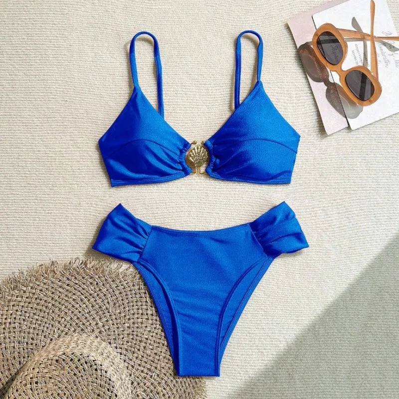 Pleated High‑Waist Bikini Set with Shell Metal Buckle - ROYAL BLUE3