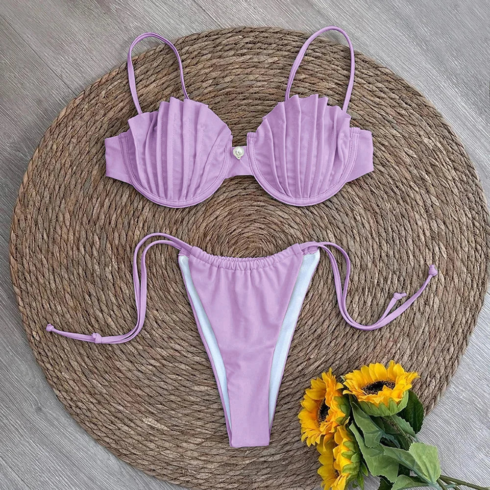Sexy Shell Micro Bikini Set with Brazilian Thong Bottoms-Purple2