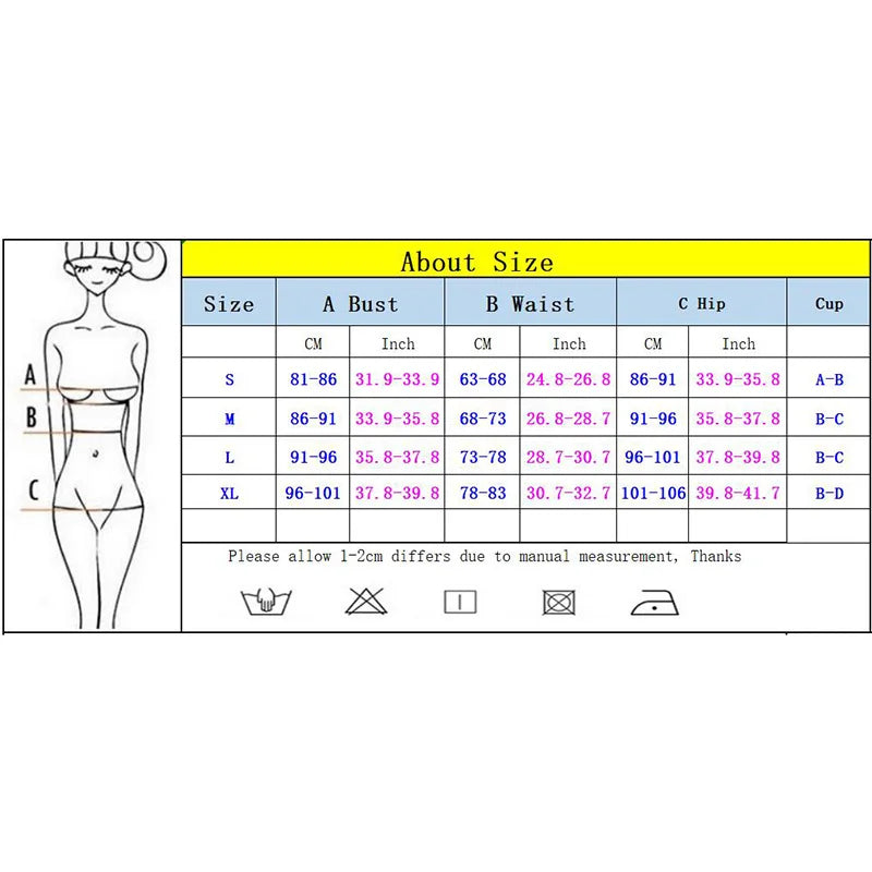 Size chart for black cutout one piece swimsuit with bust waist and hip measurements