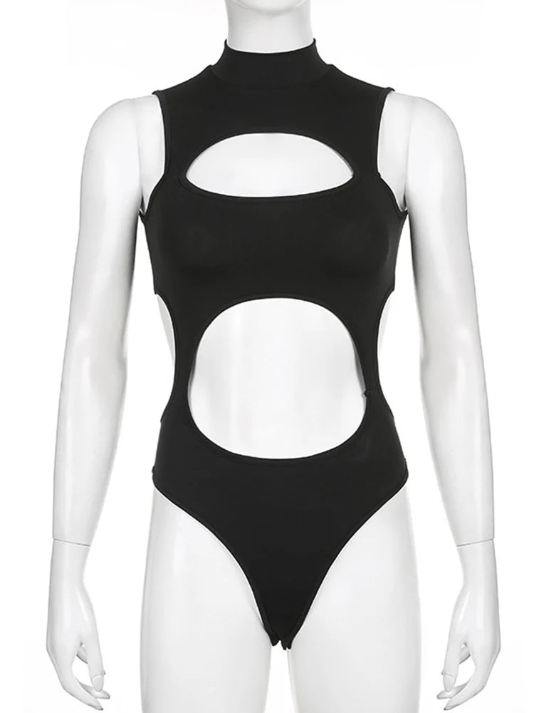 Black cut out bodysuit on a mannequin, front view with mock neck and two oval cutouts