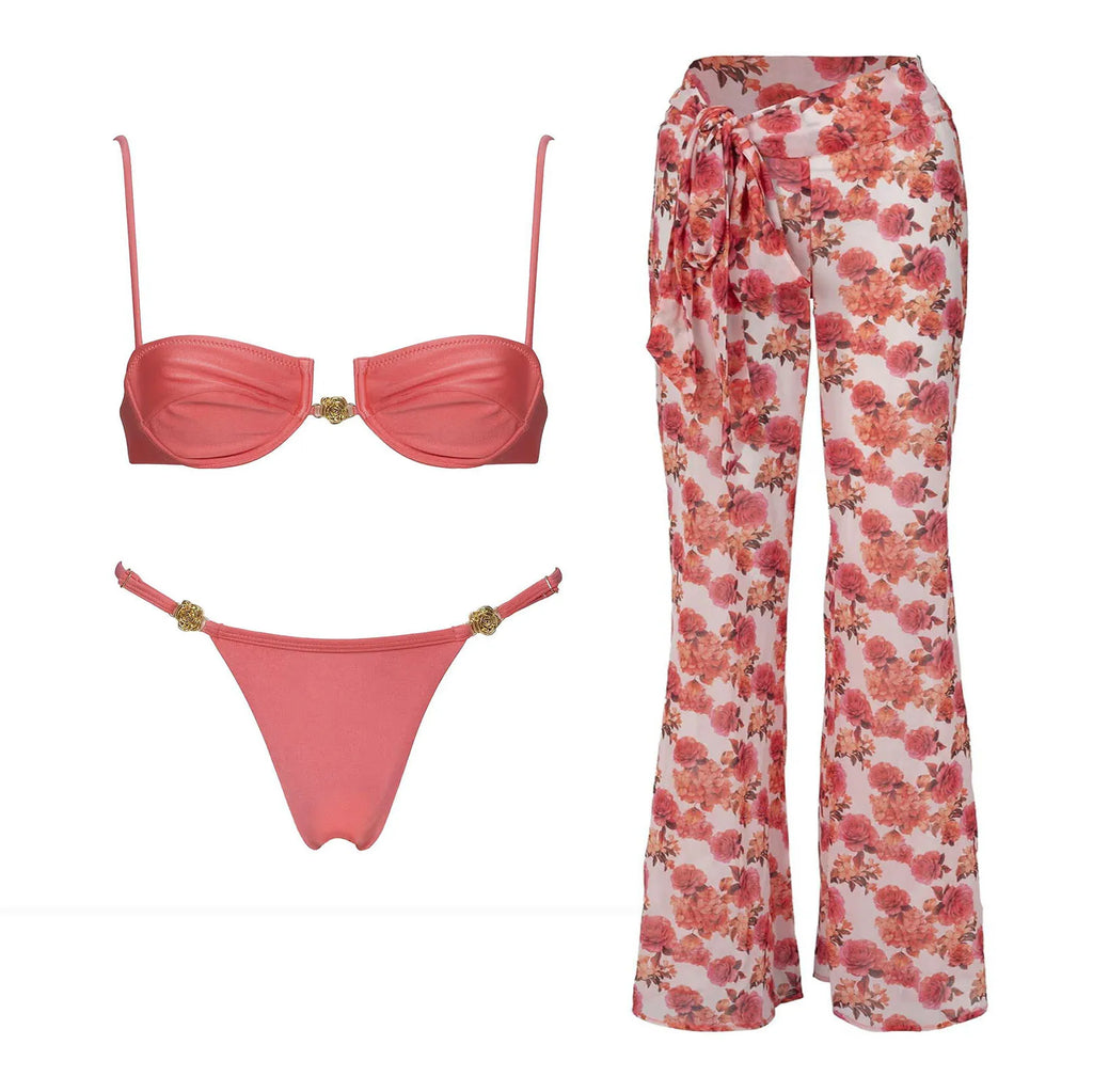 Solid coral underwire micro bikini with wide-leg floral pants set flat lay