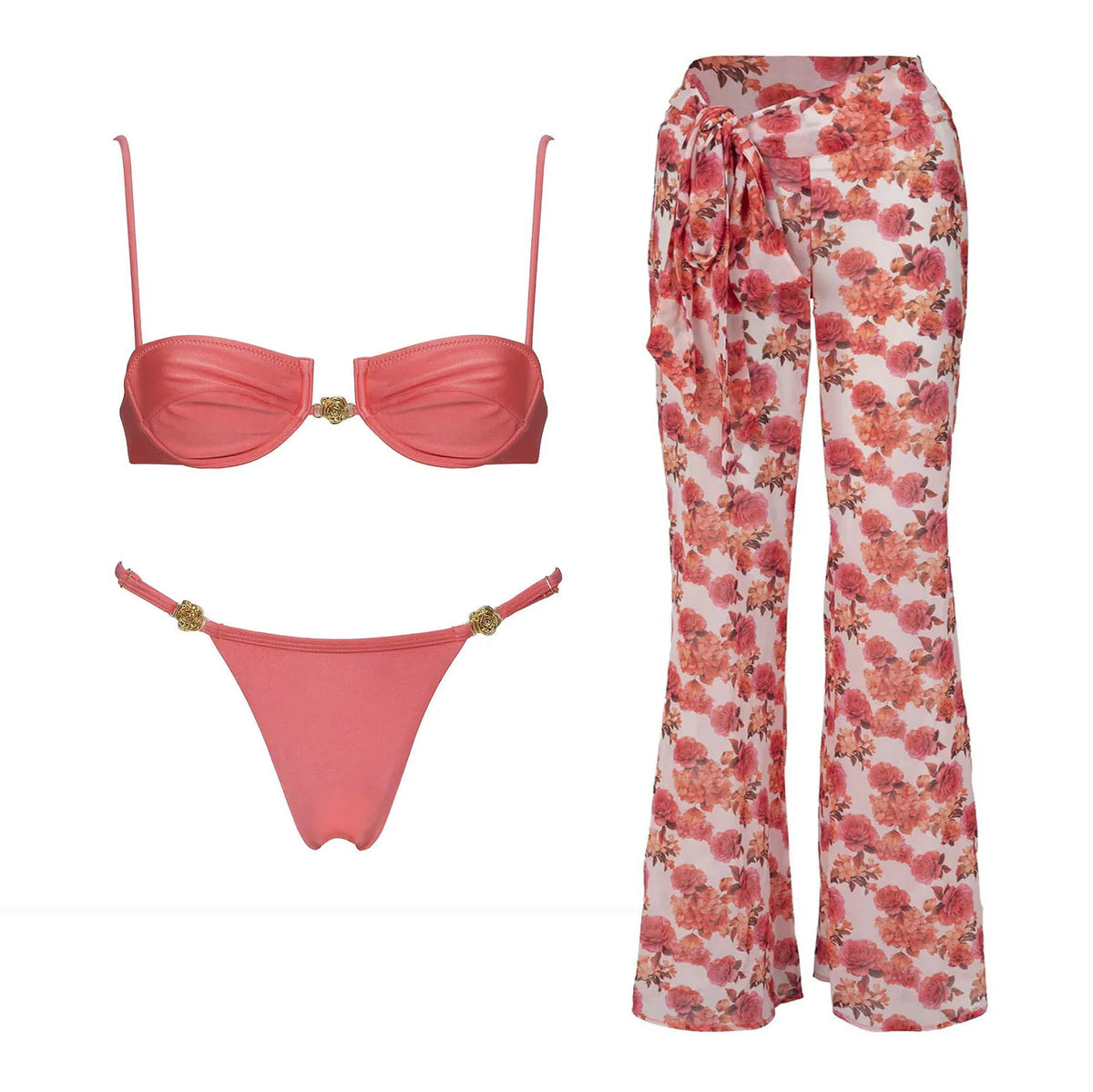 Solid coral underwire micro bikini with wide-leg floral pants set flat lay