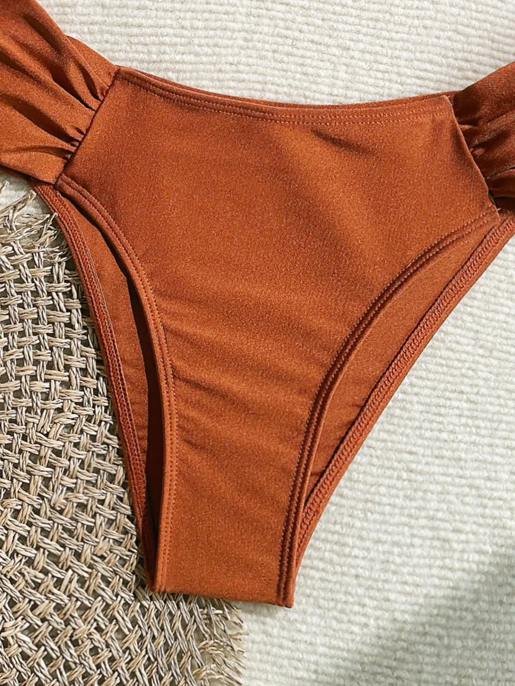 Pleated High‑Waist Bikini Set with Shell Metal Buckle - Orange4
