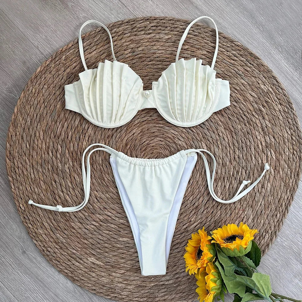 Sexy Shell Micro Bikini Set with Brazilian Thong Bottoms-White