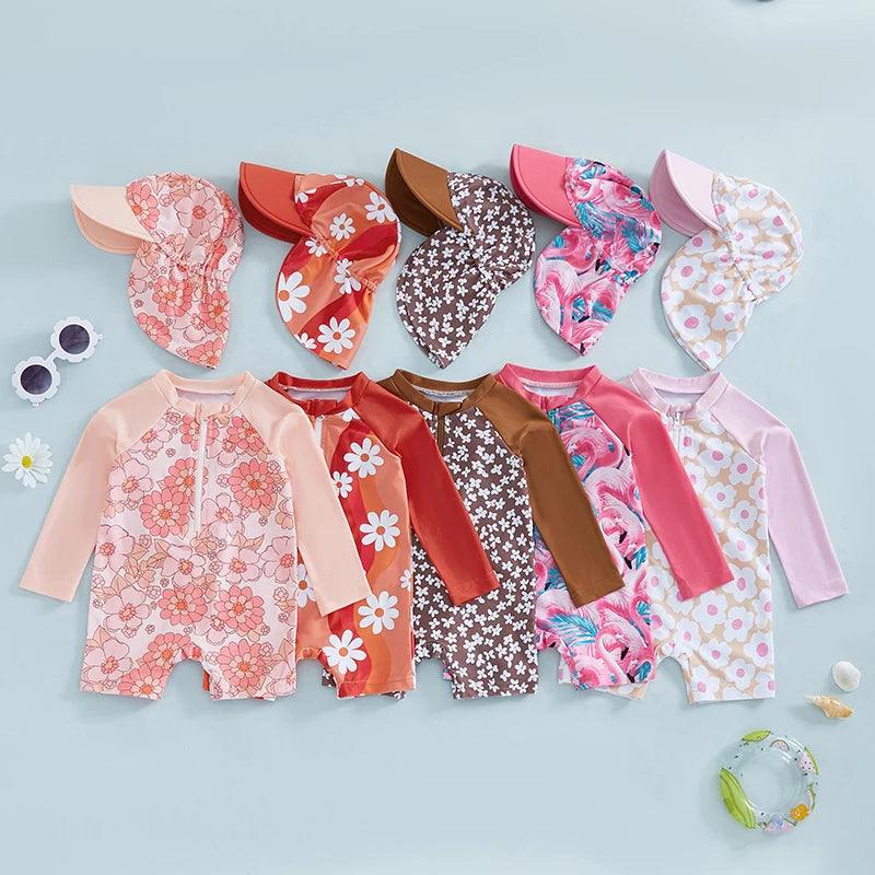 Toddler girls long sleeve floral flamingo rash guard swimsuit set with six pastel and vibrant patterned one pieces