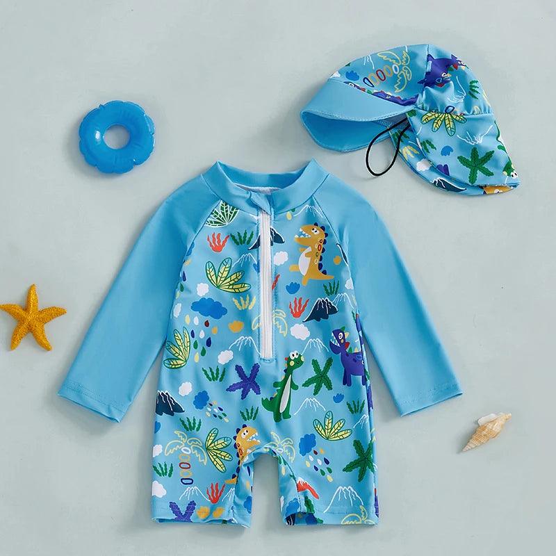 Toddler Boys Long‑Sleeve Rash Guard Swimsuit with Sun Hat