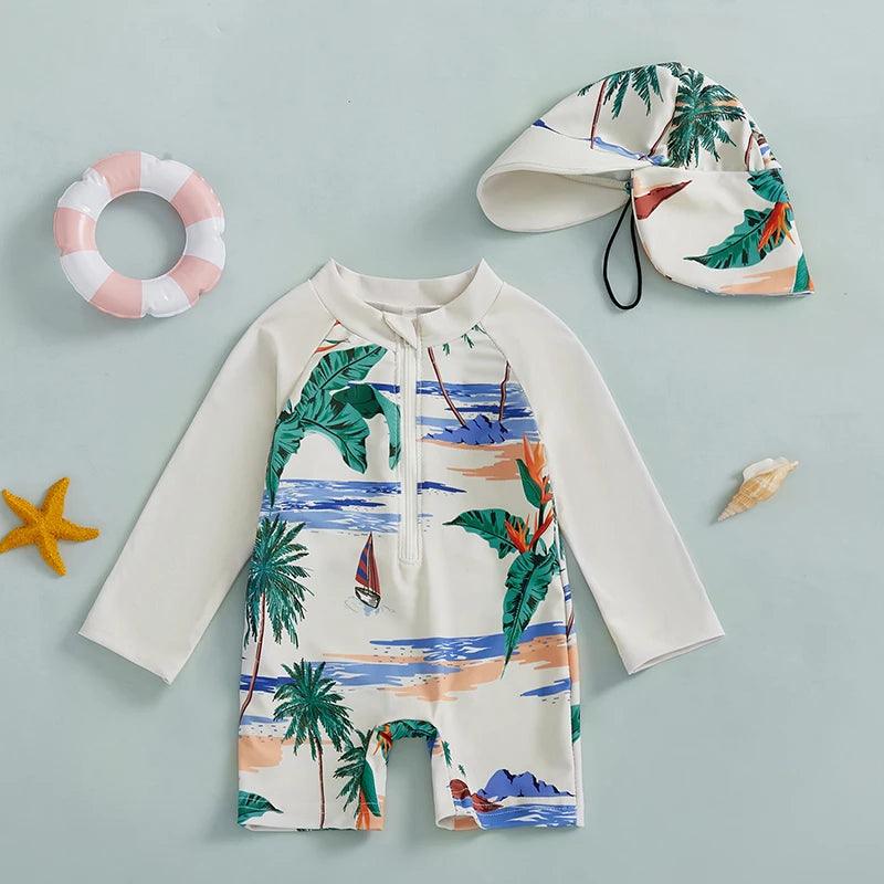 Toddler Boys Long‑Sleeve Rash Guard Swimsuit with Sun Hat