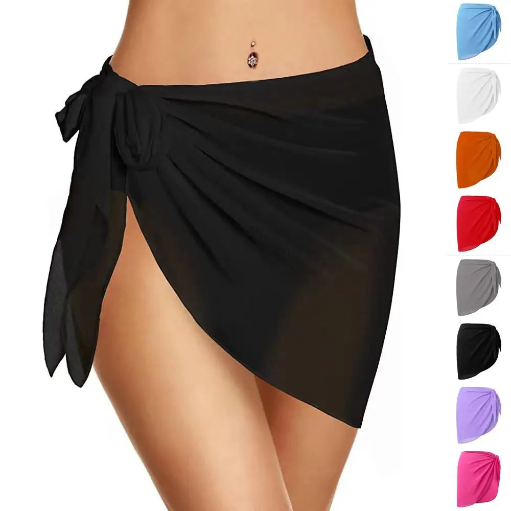 model wearing a black sheer chiffon sarong wrap over a black bikini with color options at the side