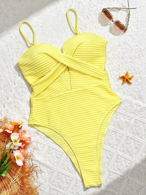 Gelbes One‑Piece: Bügel‑Bralette, gekreuzter Cut‑Out vorne, schmale Träger