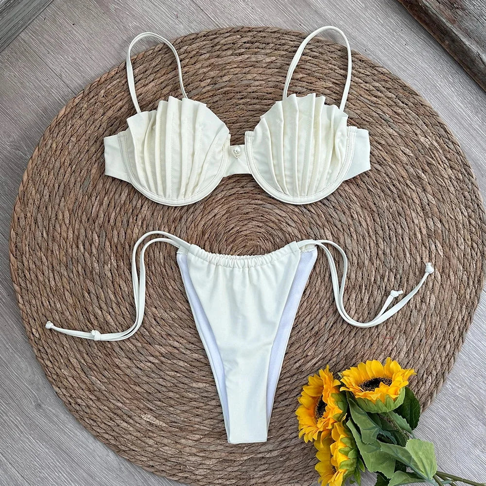 Sexy Shell Micro Bikini Set with Brazilian Thong Bottoms-White5