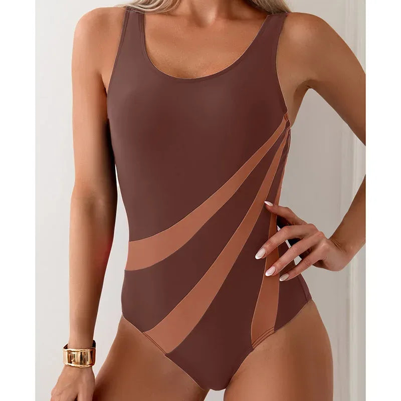 Contrast color push-up one-piece swimsuit, cocoa brown with tan diagonal stripe detail