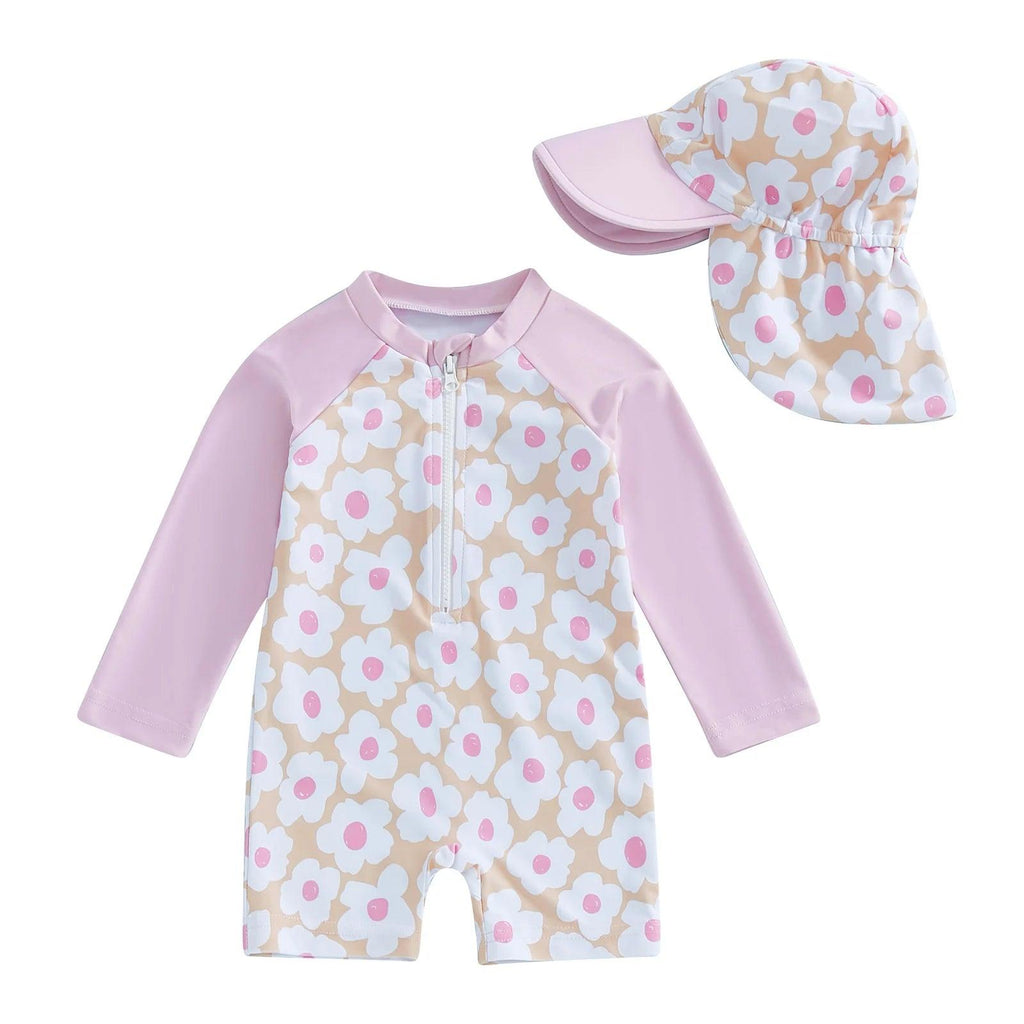 Toddler girls long sleeve floral rash guard swimsuit set in pink and beige with matching hat for sun protection