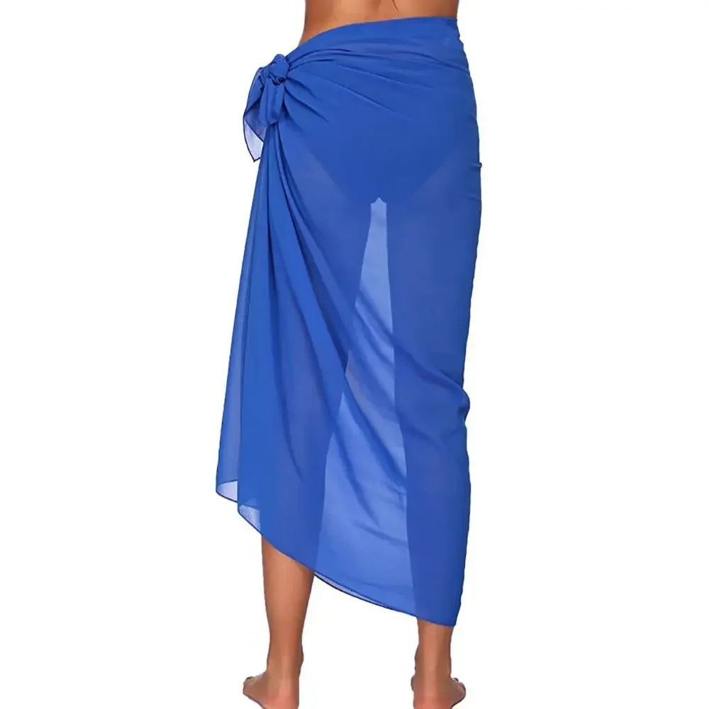 model wearing a long royal blue chiffon sarong wrap