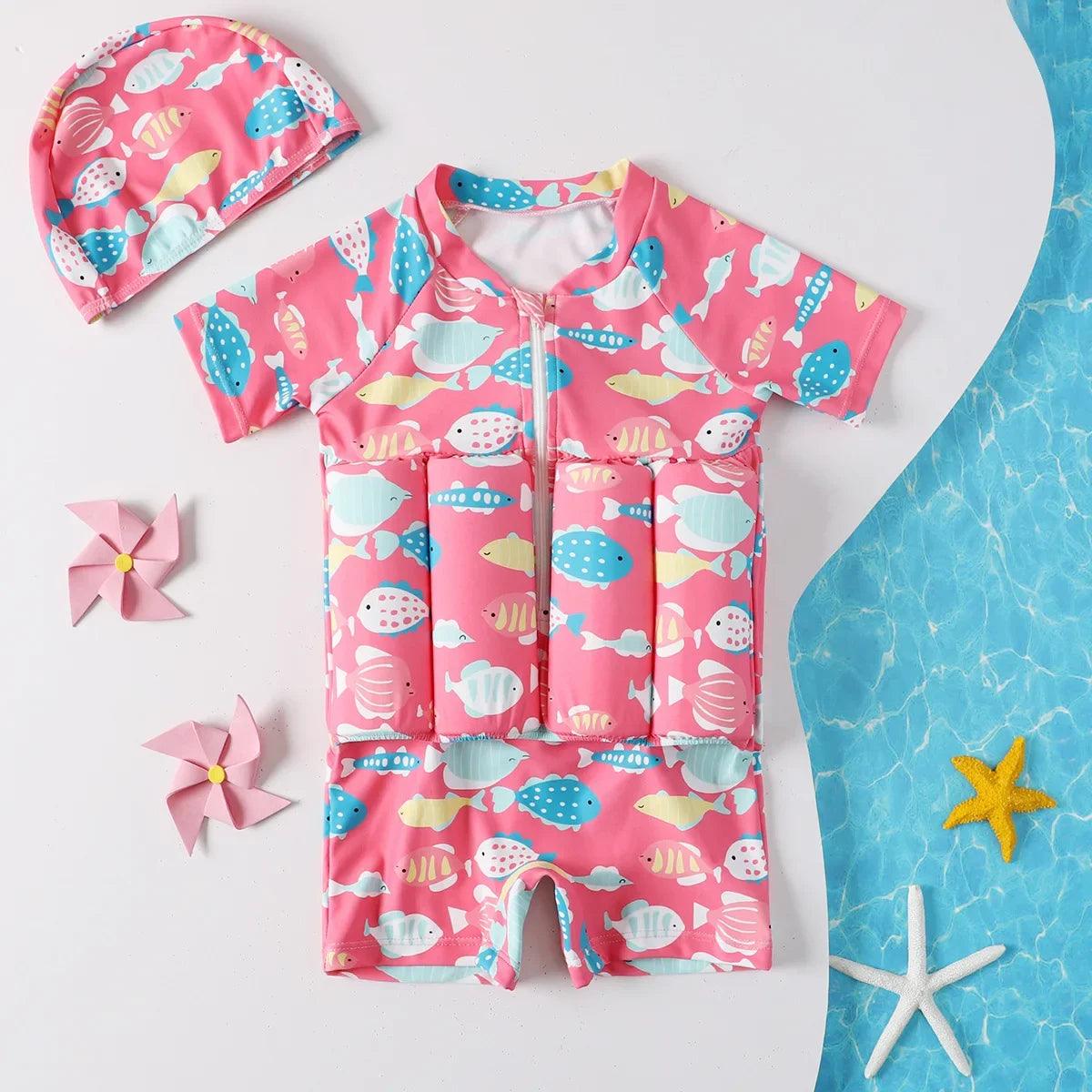 Pink kids cartoon buoyancy one-piece swimsuit with short sleeves and matching fish patterned hat for swimming training