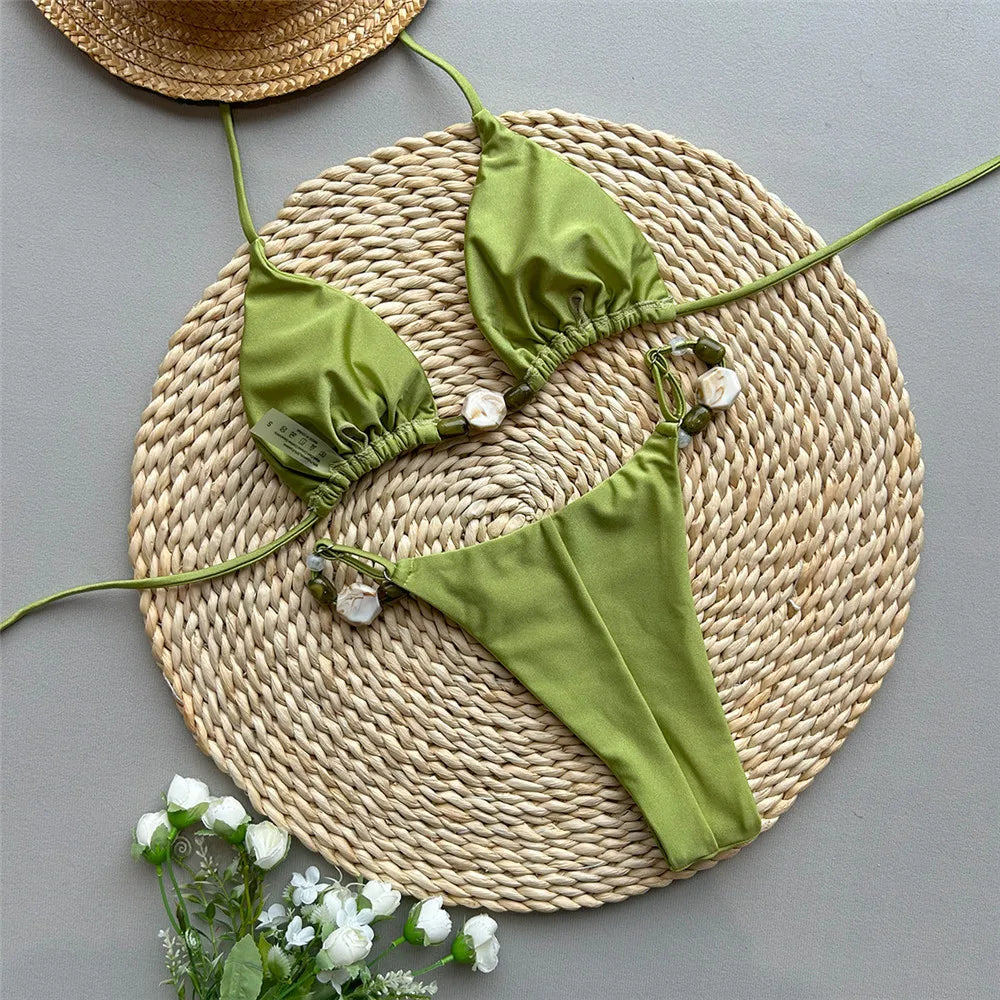 Solid Green Halter Bead‑String Micro Brazilian Bikini