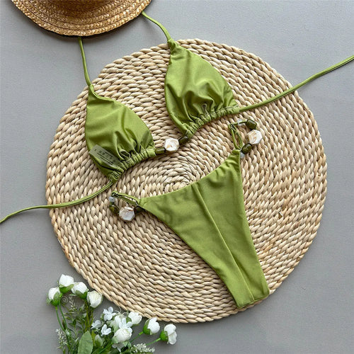 Solid Green Halter Bead‑String Micro Brazilian Bikini