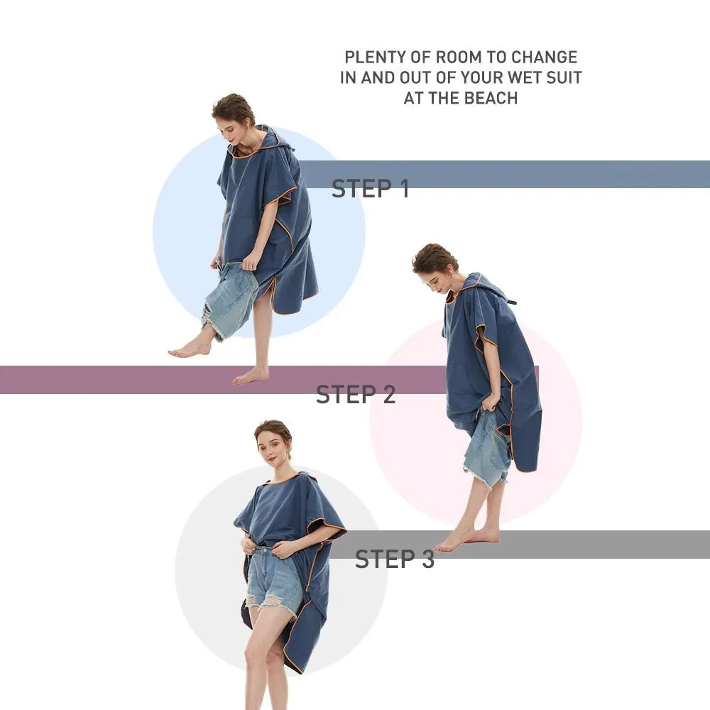 Surf Poncho Towel Hoodie – Quick‑Dry Microfiber Beach Robe - PLENTY OF ROOM TO CHANGEIN AND OUT OF YOUR WET SUITAT THE BEACH