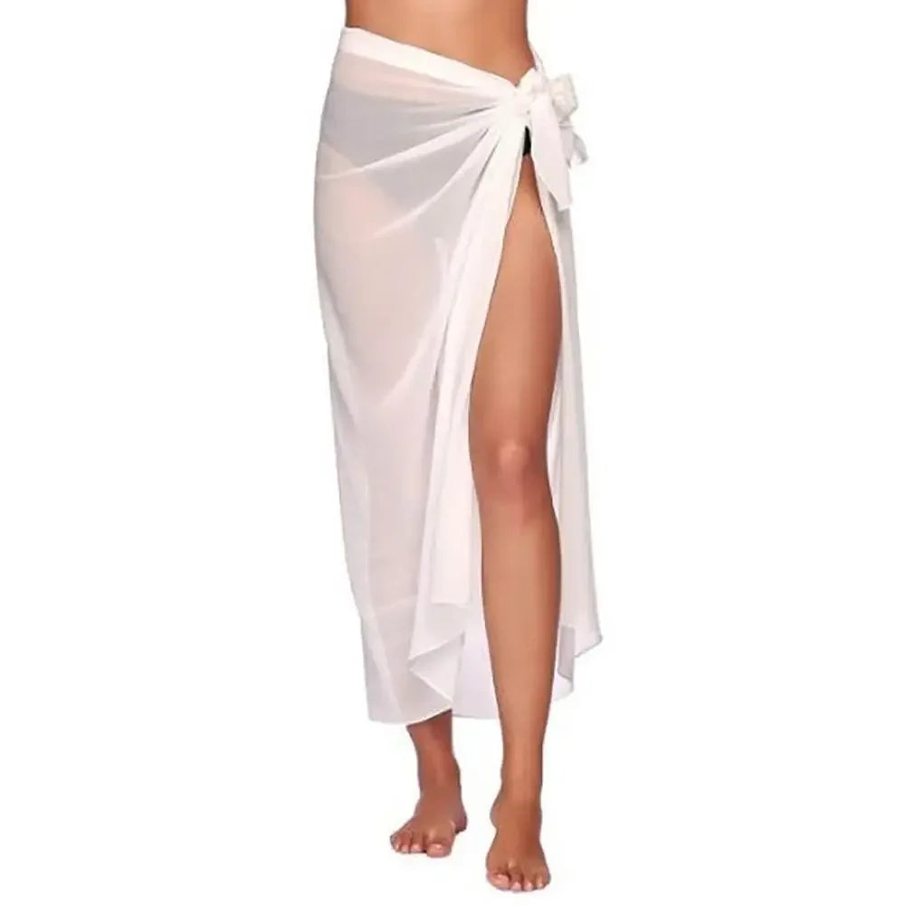 model wearing a long white sheer chiffon sarong wrap tied at the front