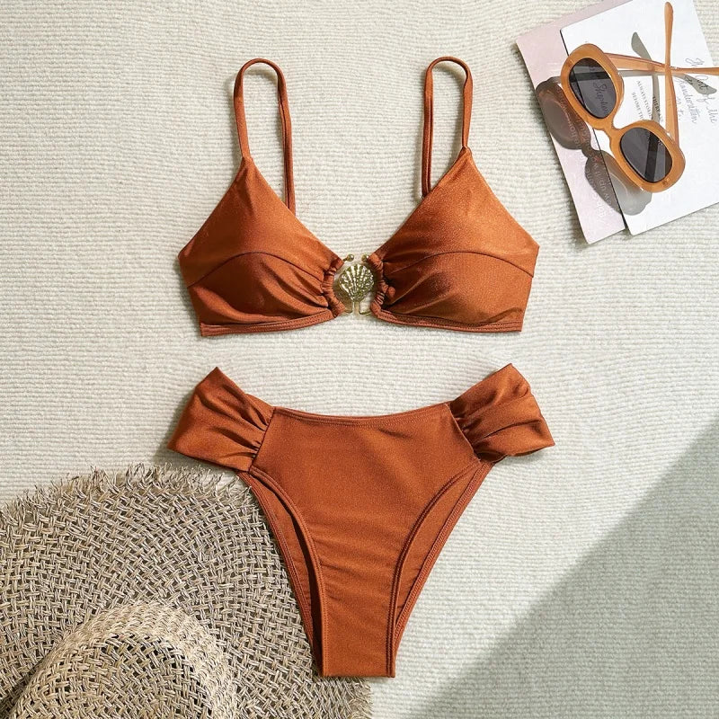 Pleated High‑Waist Bikini Set with Shell Metal Buckle