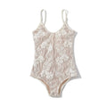 White floral lace bodysuit laid flat, sheer floral lace front with built-in lining
