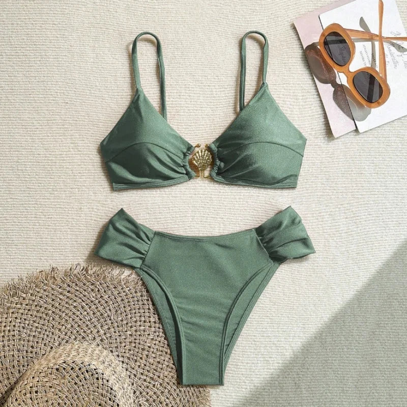 Pleated High‑Waist Bikini Set with Shell Metal Buckle - Green