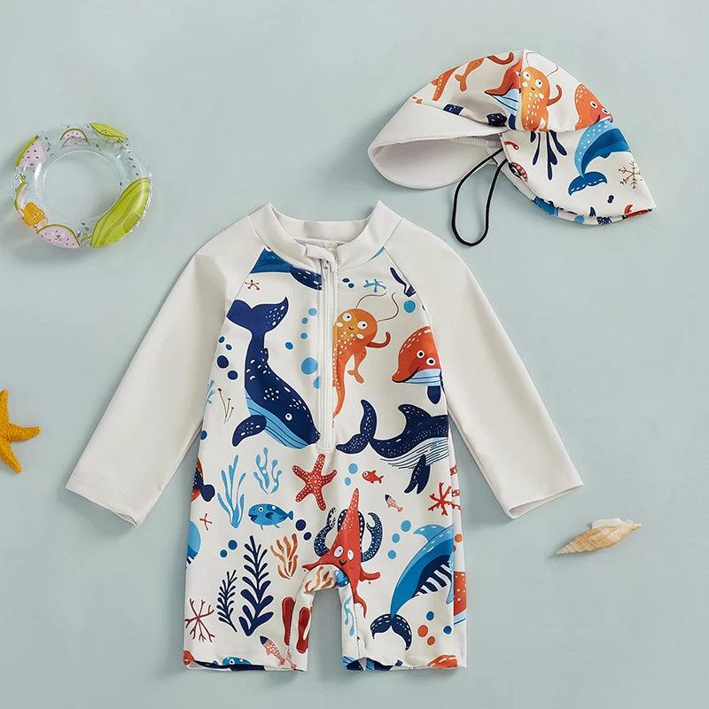 Toddler Boys Long‑Sleeve Rash Guard Swimsuit with Sun Hat