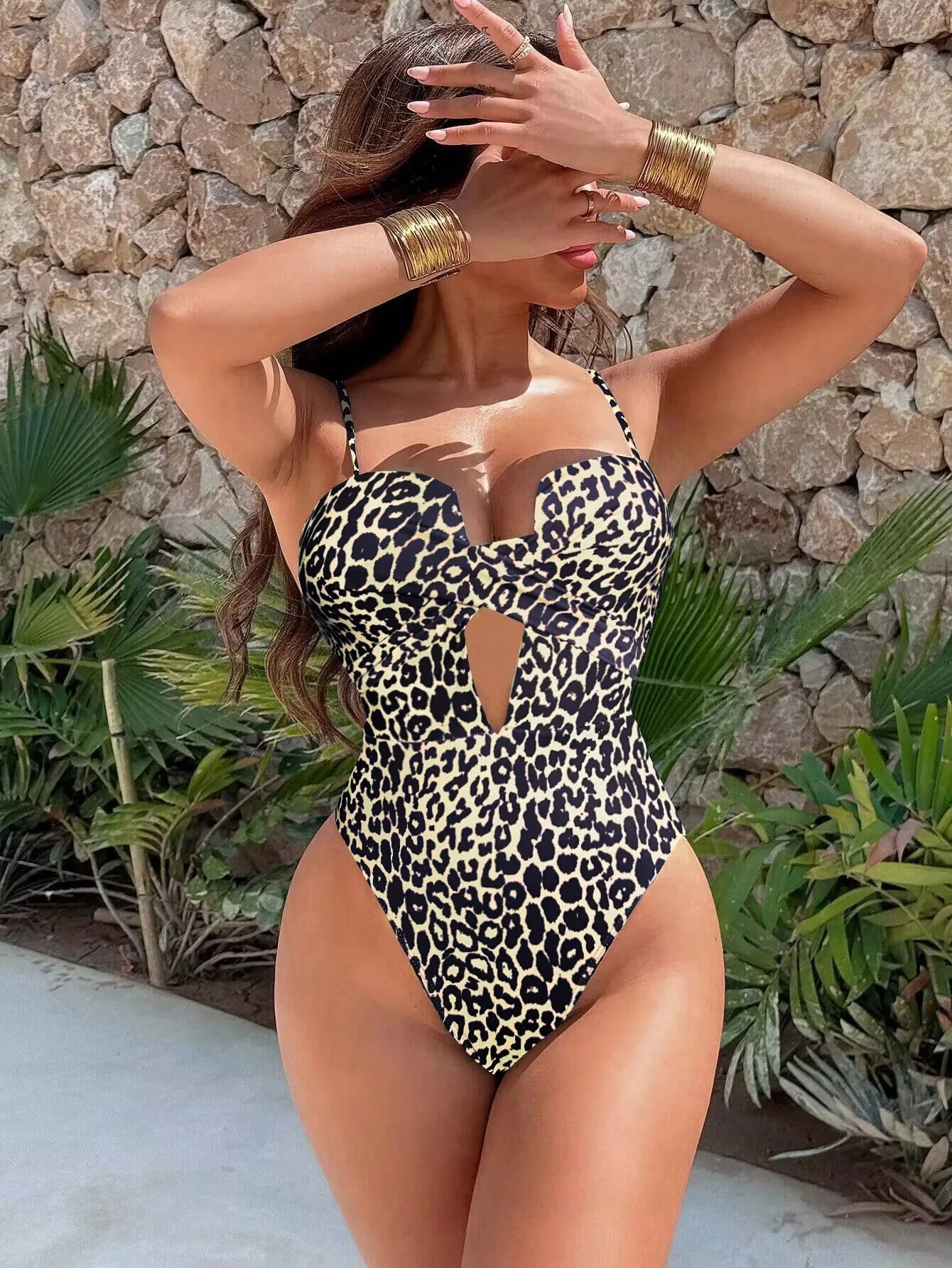 Sexy hollow out cross tummy control leopard print one piece swimsuit with thin straps and front keyhole cutout