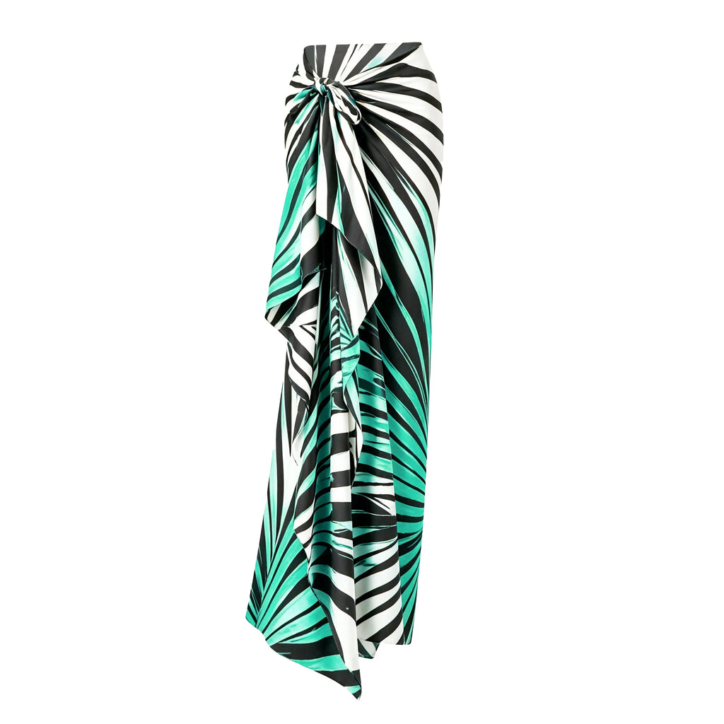 Printed wrap maxi beach skirt in black white and teal palm leaf pattern